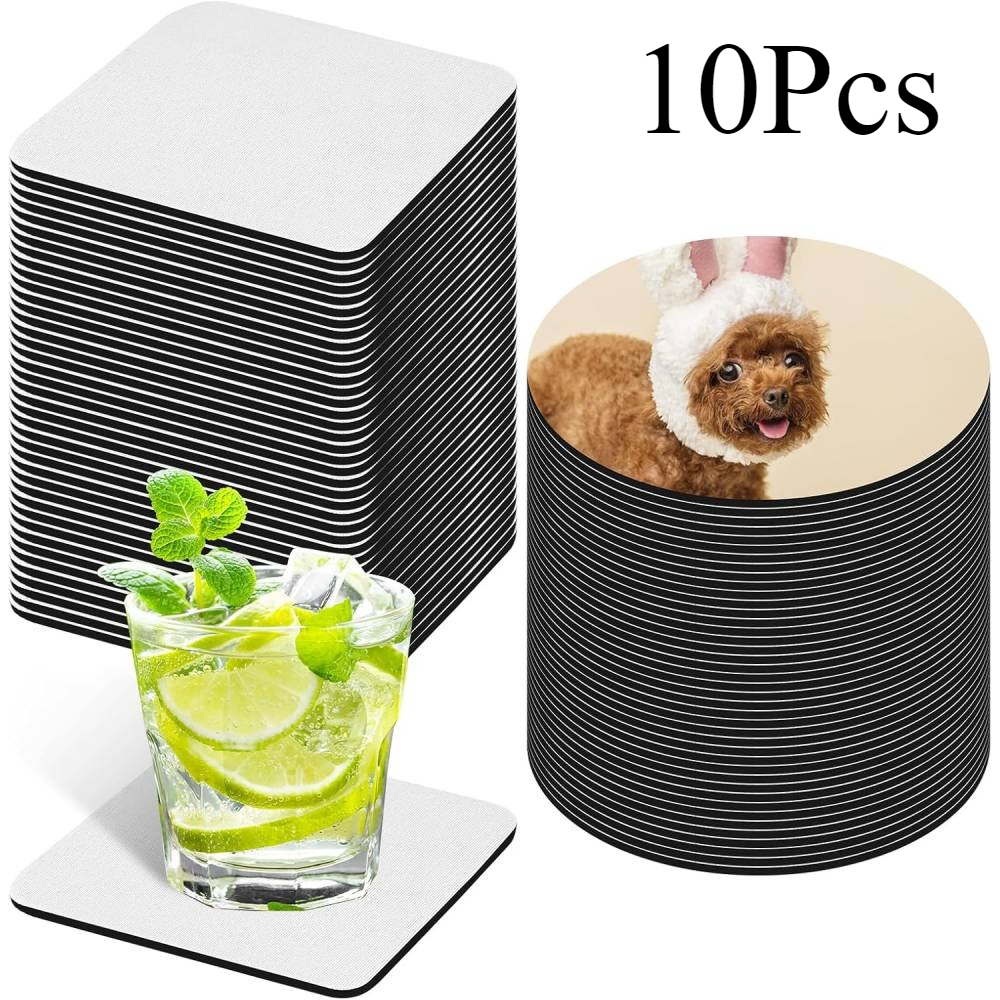 Coaster Sublimation Blank - แผ่นรองแก้วสำหรับงานซับลิเมชั่น 10 ชิ้น ชุดใหญ่ – แผ่นรองแก้วยางทรงสี่เหลี่ยมและทรงกลม