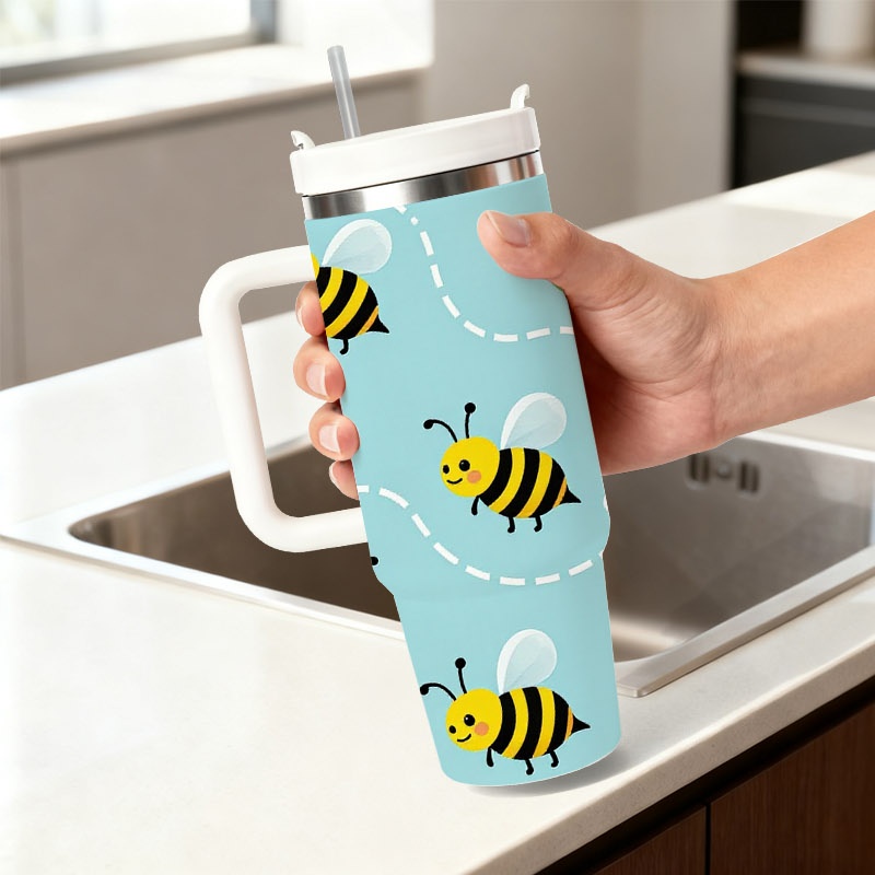 Sublimation Mug White - แก้วเก็บอุณหภูมิสแตนเลส 40 ออนซ์ ลายการ์ตูนผึ้งขี้เล่นและดอกไม้สีขาว พร้อมหลอดดูด แก้วเดินทางสองชั้นสำหรับการพิมพ์ลายซับลิเมชัน